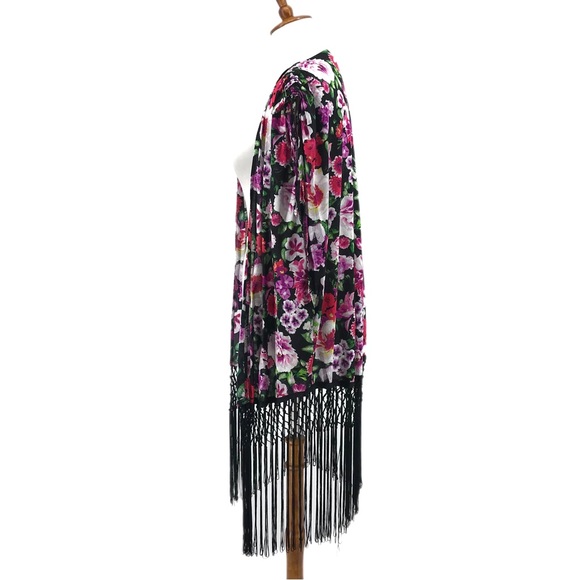 Betsey Johnson Floral Rhapsody Pink Black Fringed Open Front Kimono Wrap M/L - Picture 4 of 11